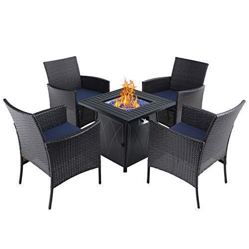 Sophia & William Patio 5 Pieces Dining Set with 1 Square Gas Fire Pit Table and 4 PE Rattan Chairs, Modern 2 in 1 50000 BTU Outdoor Propane アウトドアテーブル