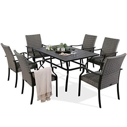 Ulax Furniture 7 Piece Outdoor Dining Set Patio Wicker Furniture Dining Table Set with 6 Padded Dining Chairs and 1 Metal Dining Table with アウトドアテーブル