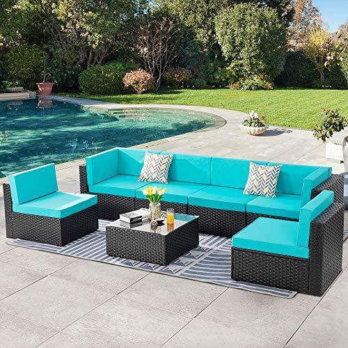 SUNLEI 7pcs Patio Outdoor Furniture Sets Conversation Set,Low Back All-Weather Rattan Sectional Sofa with Tea Table&Washable Couch Cushions&｜estore2y｜02