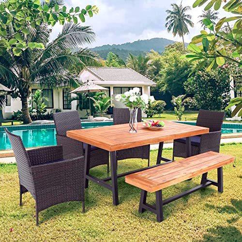 PHI VILLA 6 PCS Outdoor Patio Dining Set, 1 Acacia Wood Table & 4 Rattan Cushioned Chair & 1 Wooden Bench Furniture Set for Backyard, Porch, アウトドアテーブル