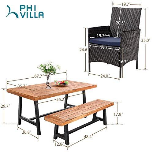 PHI VILLA 6 PCS Outdoor Patio Dining Set, 1 Acacia Wood Table & 4 Rattan Cushioned Chair & 1 Wooden Bench Furniture Set for Backyard, Porch,｜estore2y｜07