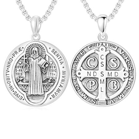 安いオンラインショッピング スターリングシルバー 聖ミカエル クリストファー ベネディクト ミラキュラス ジョージ 十字架ネックレス メンズアクセサリー メンズ レディース カトリック Eネットストアーのスターリングシルバー メダリオンジ並行輸入品 ネックレス