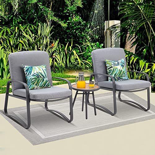 SUNVIVI OUTDOOR Patio Conversation Set with Wood Grain Coffee Table - 3 Pieces Patio Bistro Sets with Comfortable, Thicker Grey Cushions & P アウトドアテーブル