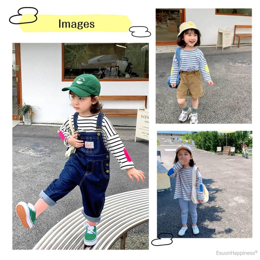 EsuonHappiness 長袖 キッズ ボーダー パッチ Tシャツ 子供 子供服 肘