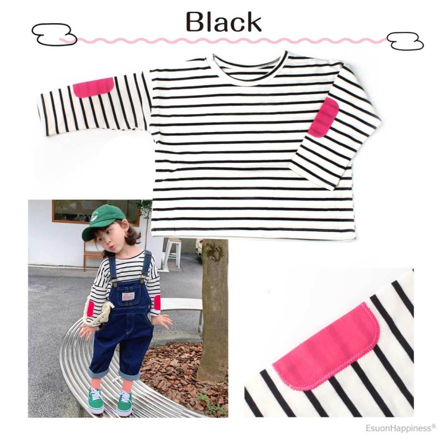 EsuonHappiness 長袖 キッズ ボーダー パッチ Tシャツ 子供 子供服 肘