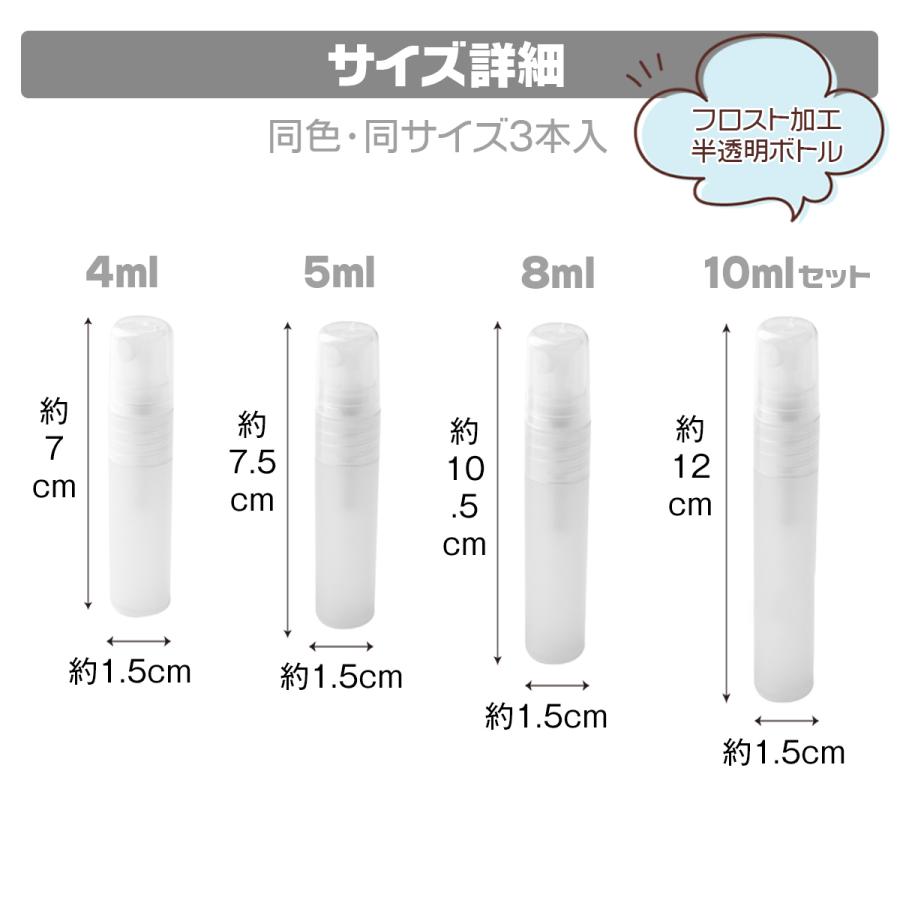 アルコール対応 フロスト スプレーボトル 3本セット 2カラー 4ml 5ml 8ml 10ml 香水 容器 詰め替え ミスト アトマイザー 小分け｜esuon-angel｜08