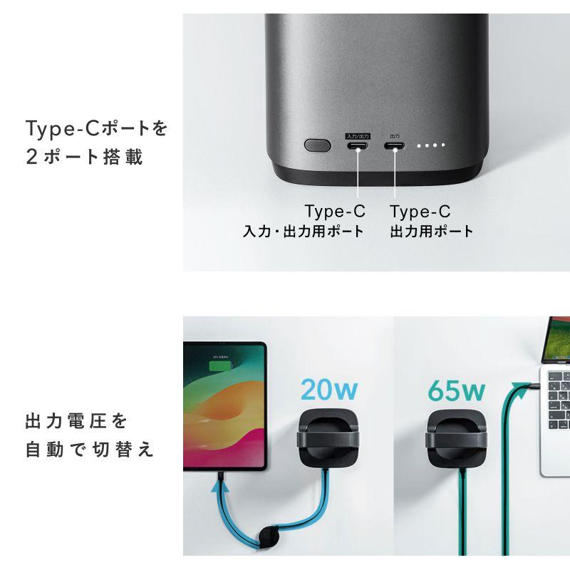 訳あり新品 モバイルバッテリー ハンドル 軽量 小型 持ち運び 大容量 PD90W 高速充電 ノートPC 2・ BTL-RDC36 サンワサプライ 外装に傷・汚れありの画像