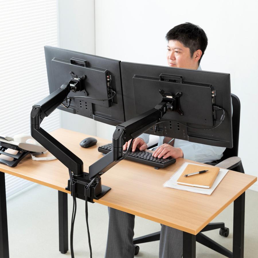 訳あり新品 モニターアーム 2画面 デュアル クランプ式 グロメット式 34型 耐荷重2〜10kg 上下左右 ブラック CR-LA1302BKN2 サンワサプライ 箱に傷・汚れあり_15
