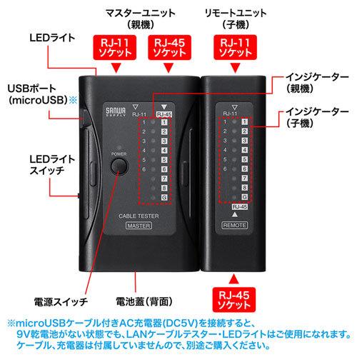 訳あり新品 LANチェッカー LANケーブルテスター RJ-45/RJ-11 LEDライト付 LAN-TST6 サンワサプライ  外装にキズ、汚れあり｜esupply｜06