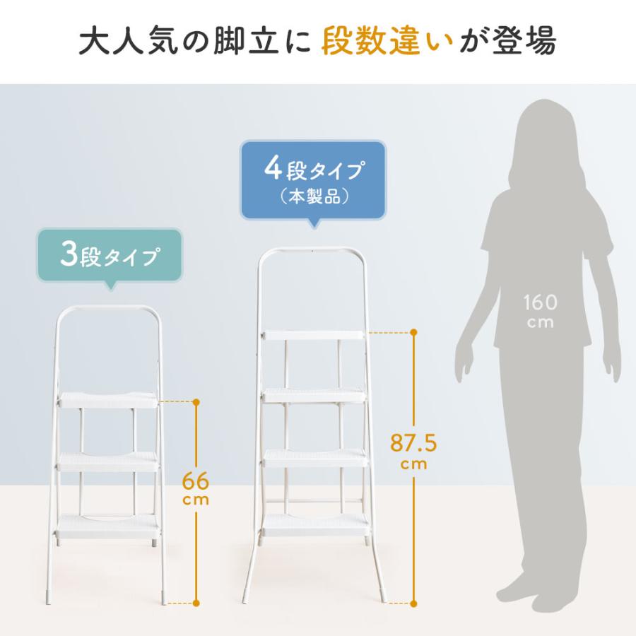 在庫限り 脚立 踏み台 4段 手すり付き 折りたたみ 幅広 ステップ 滑り止め 室内 ホワイト おしゃれ おすすめ EEX-KYA18WH | イーサプライ | 05