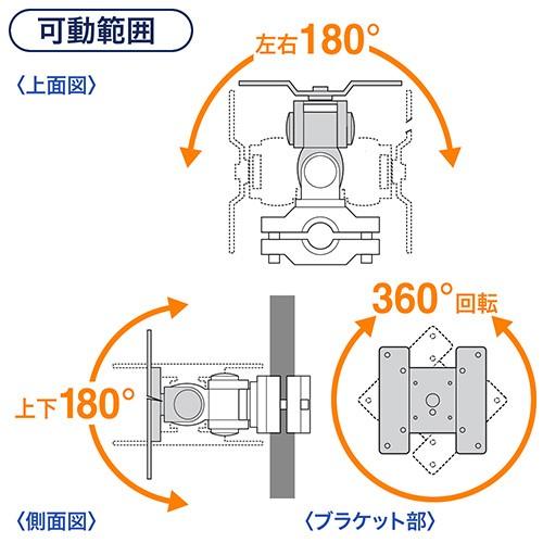 モニターアーム アームのみ ポール取り付 支柱 パイプ取付 1画面 2軸 軸短め 左右可動 43インチまで ラックマウント メタルラック EEX-LAP06N｜esupply｜05