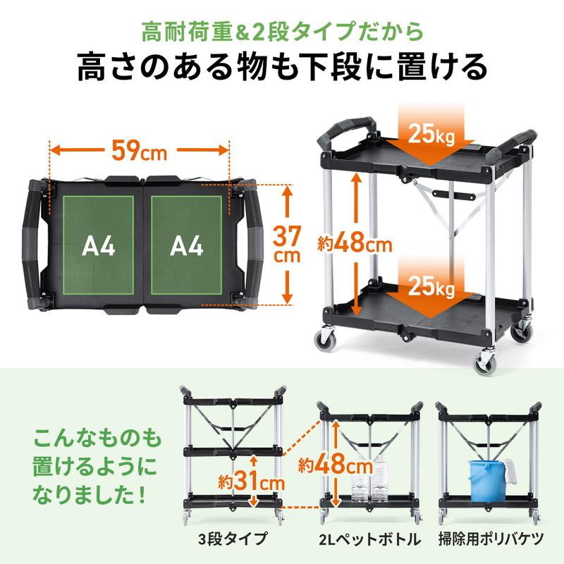 ツールワゴン 2段 折りたたみ カート 台車 キャスター付 総耐荷重50kg 4輪 軽量 介護施設 EZ1-CART013 | SANWA SUPPLY | 03