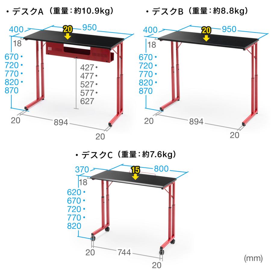 ゲーミングデスク3点セット L字デスク コの字デスク パソコンデスク 高さ可変 カーボン調天板 レッドフレーム EZ1-DESKG006｜esupply｜13