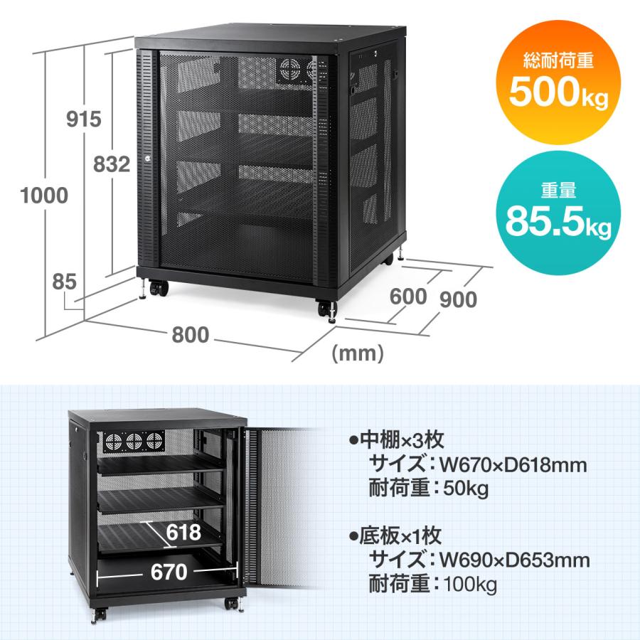 タワー型サーバー 機器収納ラック 幅80cm 高さ100cm 棚板3枚付 底板耐荷重100kg EZ1-SV016_12