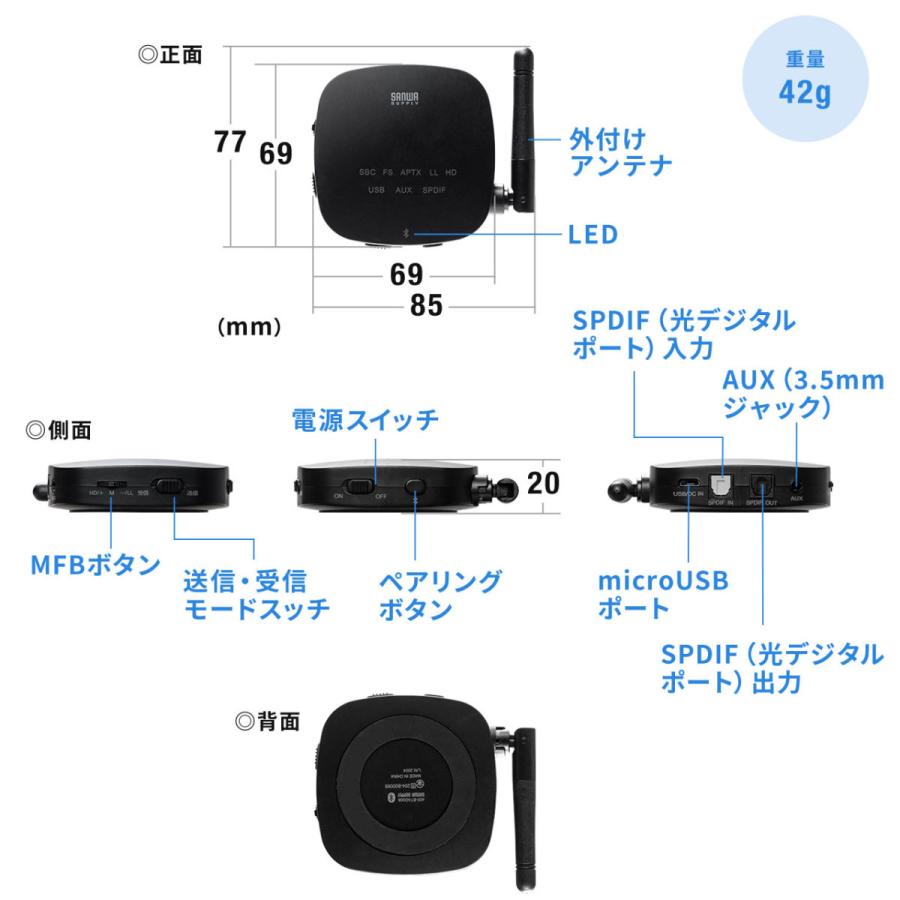 Bluetooth送信機 受信機 トランスミッター レシーバー 低遅延 ハイレゾ相当対応 3.5mm 光デジタル USB対応 EZ4-BTAD008｜esupply｜15