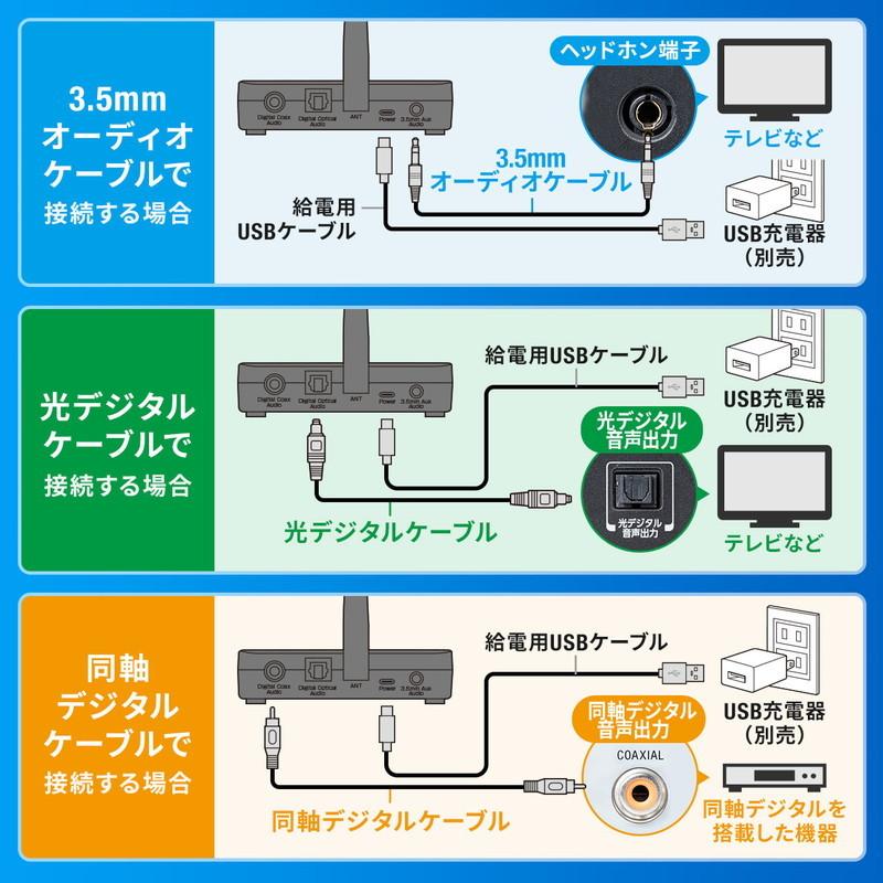 Bluetoothトランスミッター 送信機 テレビ 据え置き apt-X LL 2台同時接続 低遅延 常時給電 光デジタル 同軸デジタル 3.5mm AUX EZ4-BTAD011｜esupply｜08