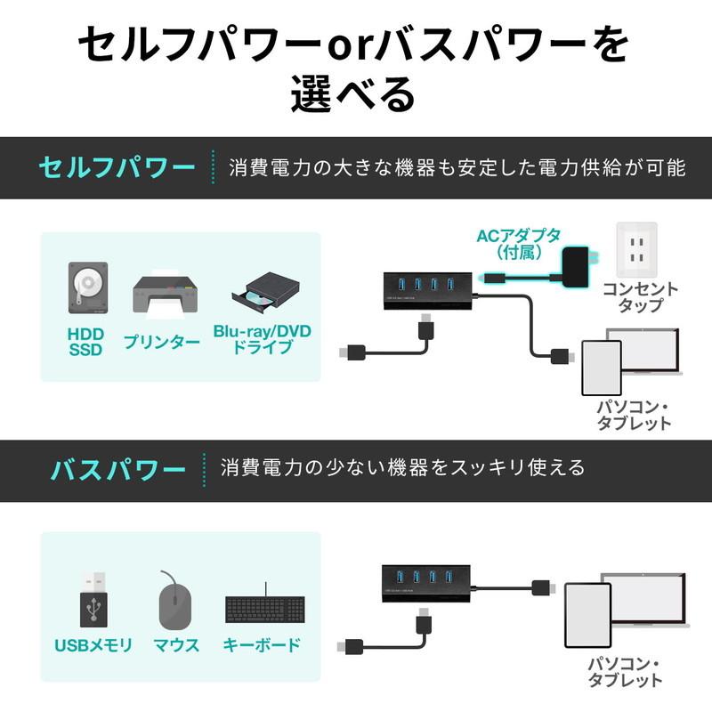 充電ポート付きUSBハブ 4ポートType-C変換アダプタ付き セルフパワー バスパワー 電源付き USB3.2 Gen1 卓上 ケーブル長1.2m EZ4-HUBS098BK｜esupply｜03