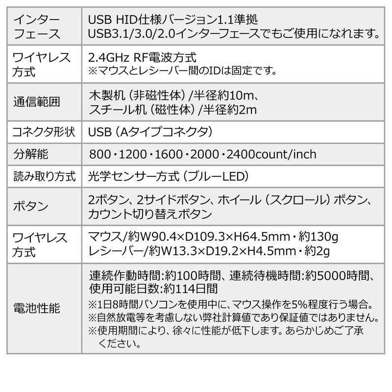 マウス エルゴノミクス ワイヤレス 無線 充電式 ブルーLED 5ボタン 静音ボタン ブラック EZ4-MA127BK｜esupply｜16