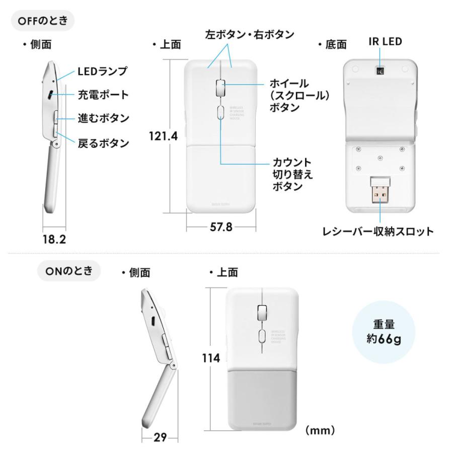 ワイヤレスマウス RF2.4GHz 充電式 IRセンサー 超薄型 折りたたみ 5ボタン Type-A ホワイト EZ4-MAW1215W ネコポス対応｜esupply｜14