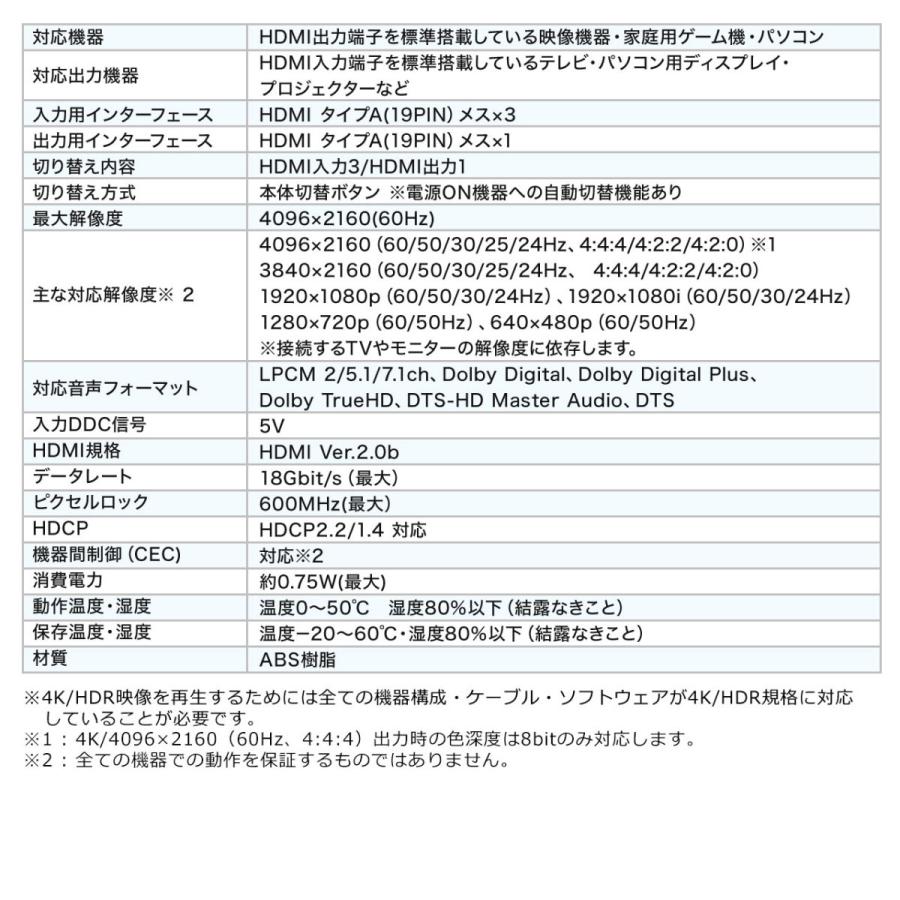 HDMI切替器 3入力1出力 4K/60Hz HDR HDCP2.2 自動切替 手動切替 固定用マグネット付 PS5対応 EZ4-SW035｜esupply｜13