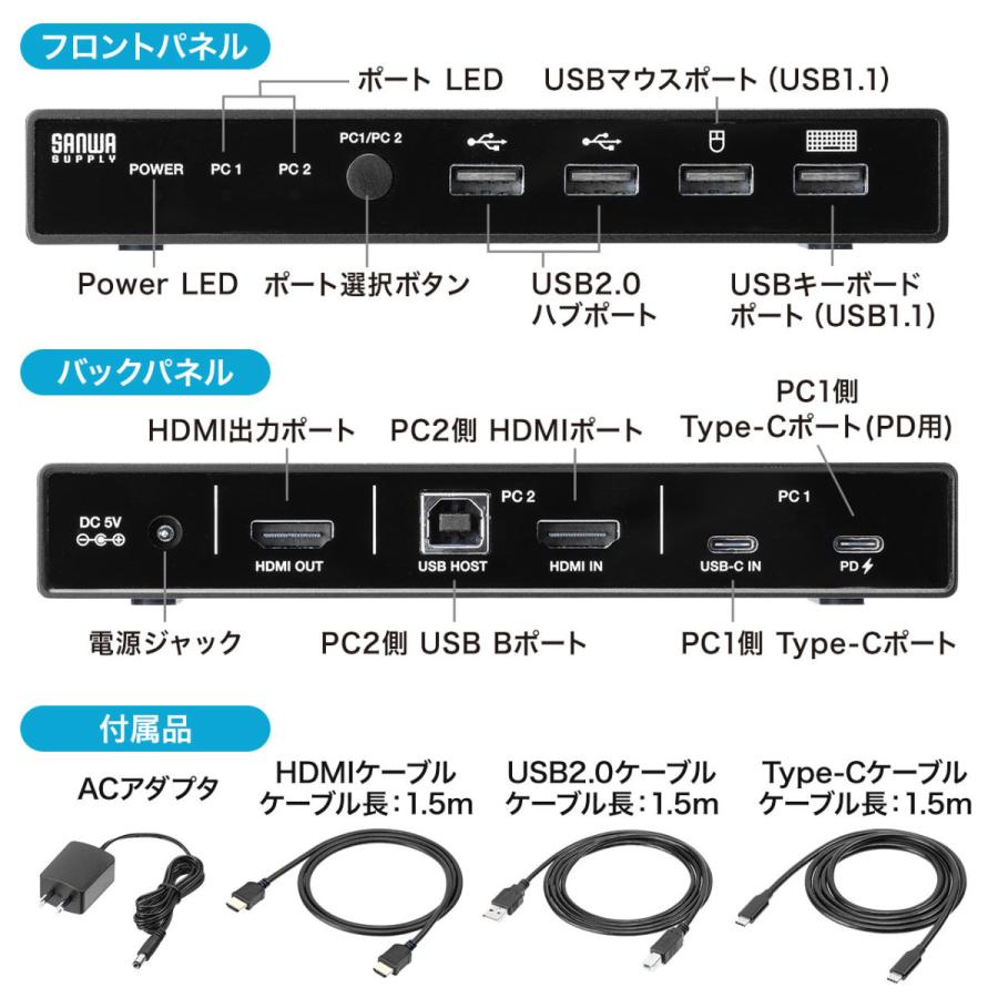 パソコン切替器 ドッキングステーション 2台切替 USB タイプC HDMI USB PD USBキーボード USBマウス テレワーク EZ4-SW037｜esupply｜11