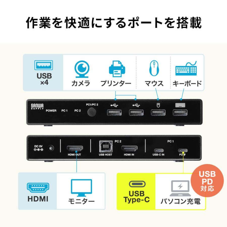 パソコン切替器 ドッキングステーション 2台切替 USB タイプC HDMI USB PD USBキーボード USBマウス テレワーク EZ4-SW037｜esupply｜07