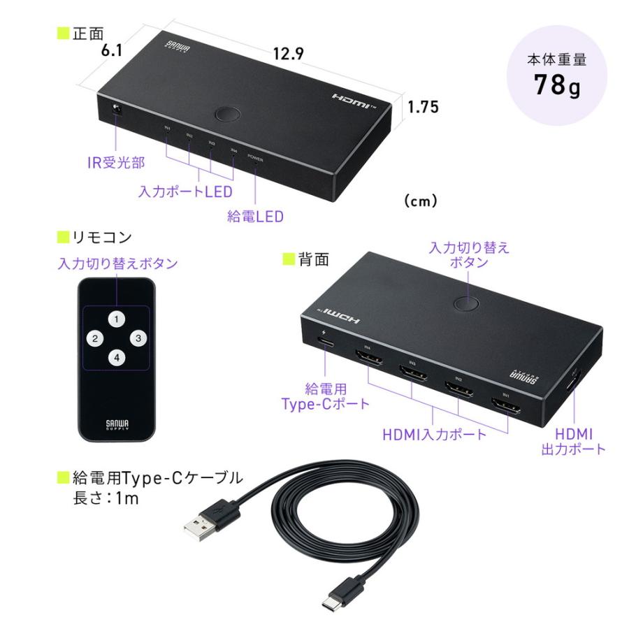 SANWA SUPPLY サンワサプライ　HDMI 画面4分割切替器 SANWA SUPPLY（サンワサプライ） HDMI切替器 4入力1出力 リモコン操作