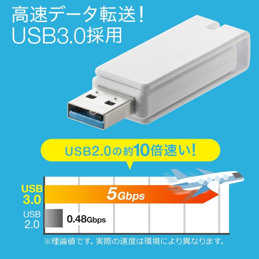 USBメモリ 64GB USB3.0 スイング式 キャップレス ストラップ付 ホワイト EZ6-3US64GW ネコポス対応｜esupply｜03