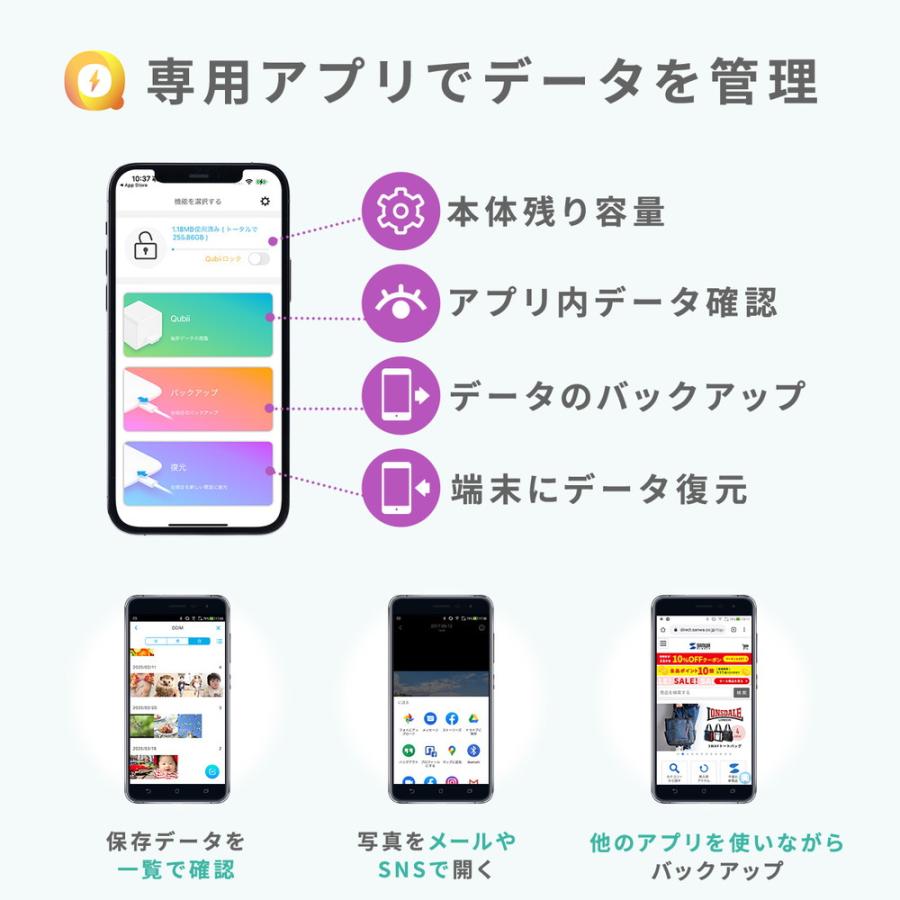 Qubii EX 512GB Type-C接続 メモリ内蔵タイプ PD60W 高速充電 iOS Android 自動バックアップ iPad iPhone15対応 ブルー EZ6-IPLBC512GV ネコポス対応_11