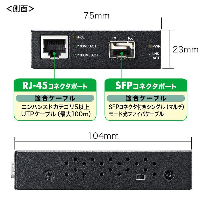 光メディアコンバータ 10BASE-T/100BASE-TX/1000BASE-T/1000BASE-SX/1000BASE-LX PoE対応 マルチ/シングルモード両対応 LAN-PSC212RFNの画像