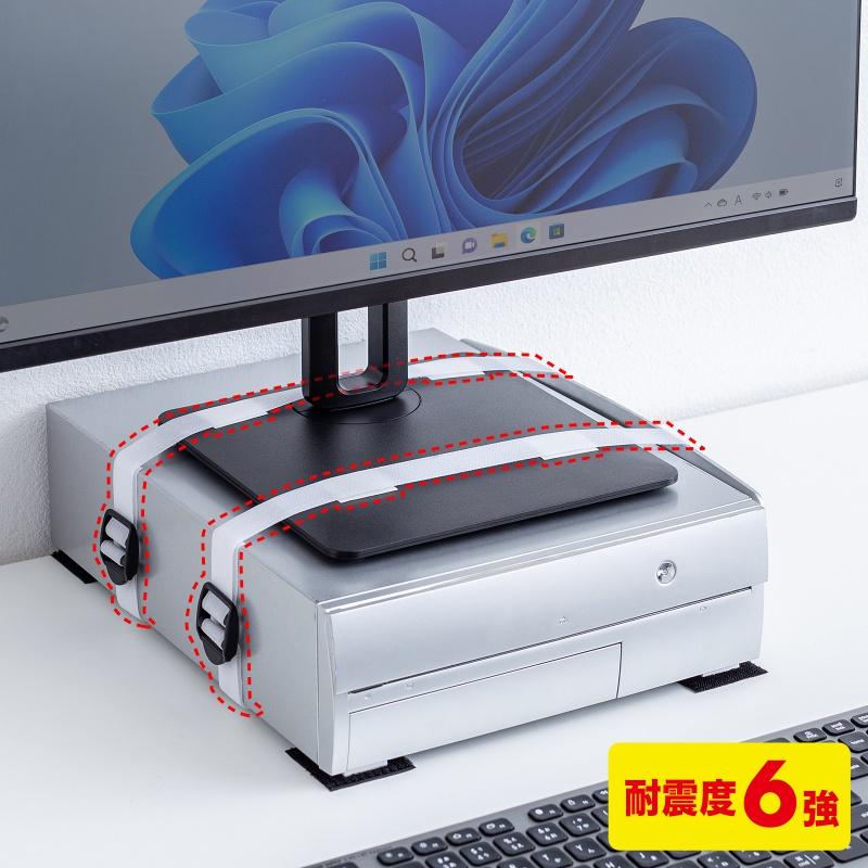 耐震グッズ 転倒防止アイテム バックル付きディスプレイベルト幅25mm×長さ1200mm2本 マッシュファスナー25×35mm4個 QL-E106 | SANWA SUPPLY