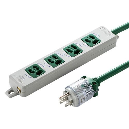医用接地プラグ付き電源タップ 3Pプラグ 4個口 3m マグネット付抜け止め グリーン TAP-HPM4-3G サンワサプライ