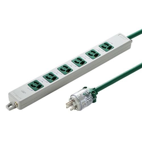 医用接地プラグ付き電源タップ 3P・6個口 5m マグネット付抜け止め グリーン TAP-HPM6-5G サンワサプライ ネコポス非対応