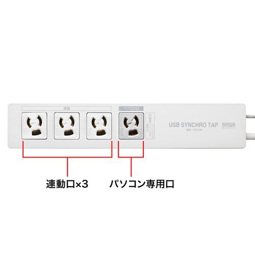 パソコン連動タップ USB電流感知方式 3Pプラグ 4個口 5m マグネット付 TAP-RE34U-5　サンワサプライ_1