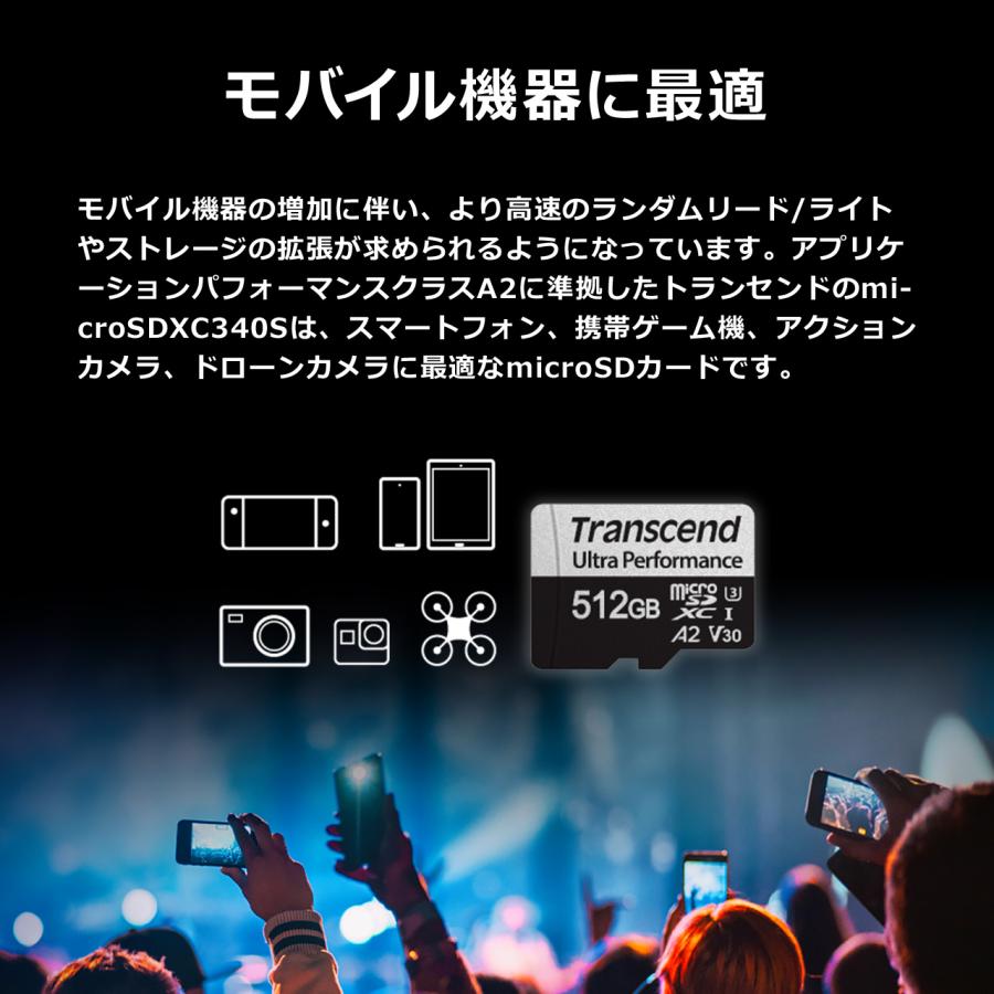 microSDXCカード 512GB Class10 UHS-I U3 A2 V30 SDカード変換アダプタ付 TS512GUSD340S トランセンド製 代引き不可 受注発注品 ネコポス対応の画像