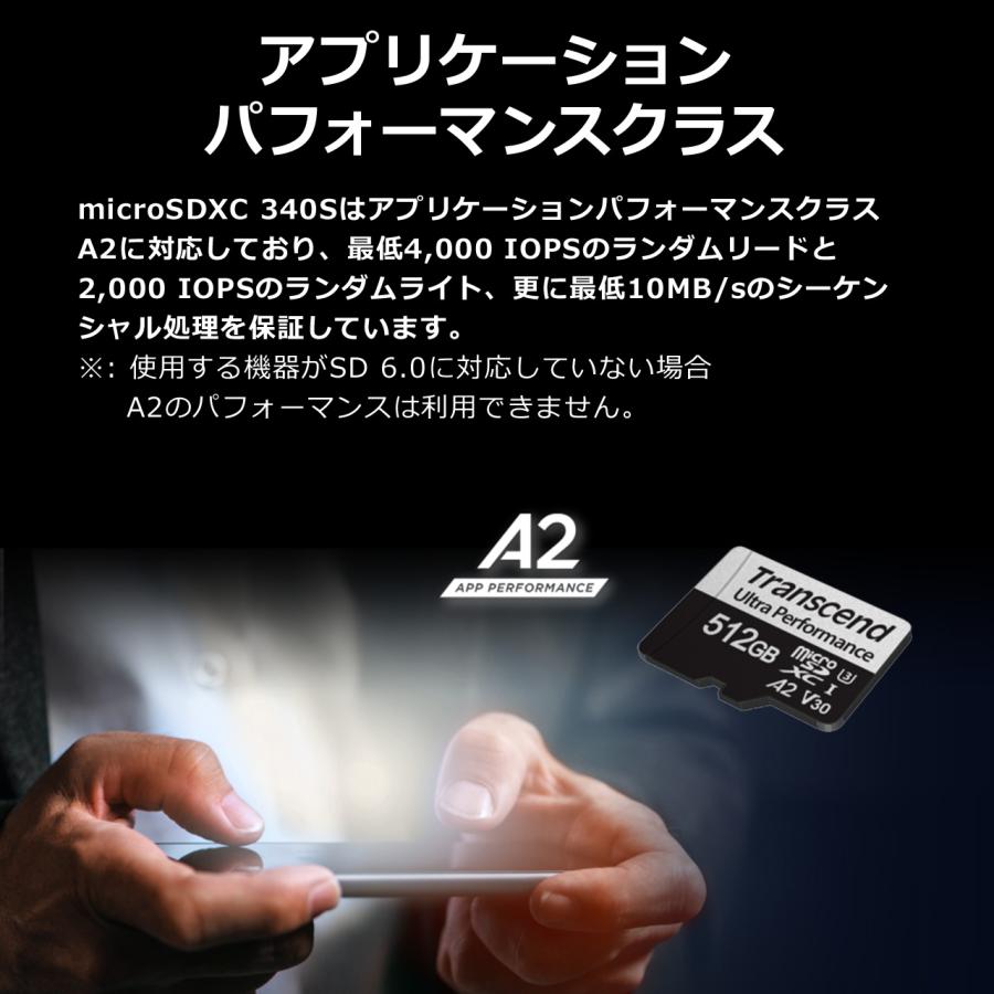 microSDXCカード 512GB Class10 UHS-I U3 A2 V30 SDカード変換アダプタ付 TS512GUSD340S トランセンド製 代引き不可 受注発注品 ネコポス対応の画像