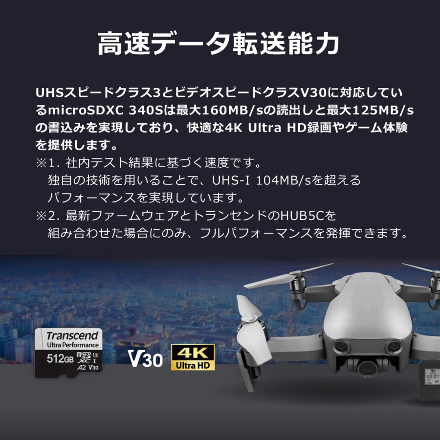 microSDXCカード 512GB Class10 UHS-I U3 A2 V30 SDカード変換アダプタ付 TS512GUSD340S トランセンド製 代引き不可 受注発注品 ネコポス対応の画像
