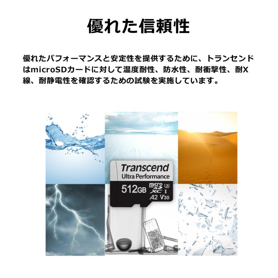 microSDXCカード 512GB Class10 UHS-I U3 A2 V30 SDカード変換アダプタ付 TS512GUSD340S トランセンド製 代引き不可 受注発注品 ネコポス対応の画像