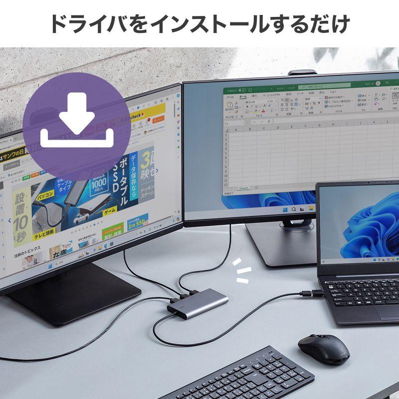 USB-HDMIディスプレイアダプタ 4K/60Hz対応 3画面出力 USB-A/Type-C両対応 変換アダプタ USB-CVU3HD8 サンワサプライの画像