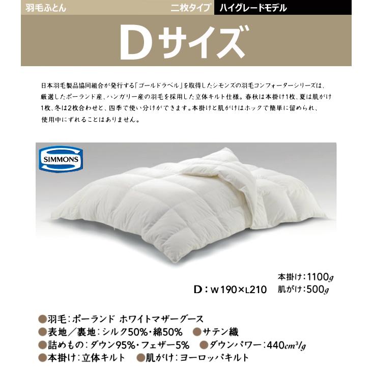 シモンズ 羽毛布団 プレミアム ハイグレード D LH1301D布団 ふとん 2枚 D ダブル SIMMONSの画像