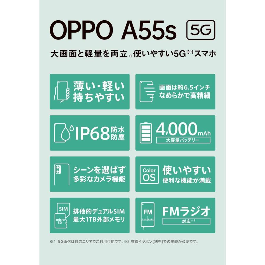 OPPO A55s 5G CPH2309-GR[グリーン]SIMフリー6.5インチ/RAM4GB ROM64GB/5G対応/防水防塵/新品未開封/メーカー保証付/送料無料｜et8｜02