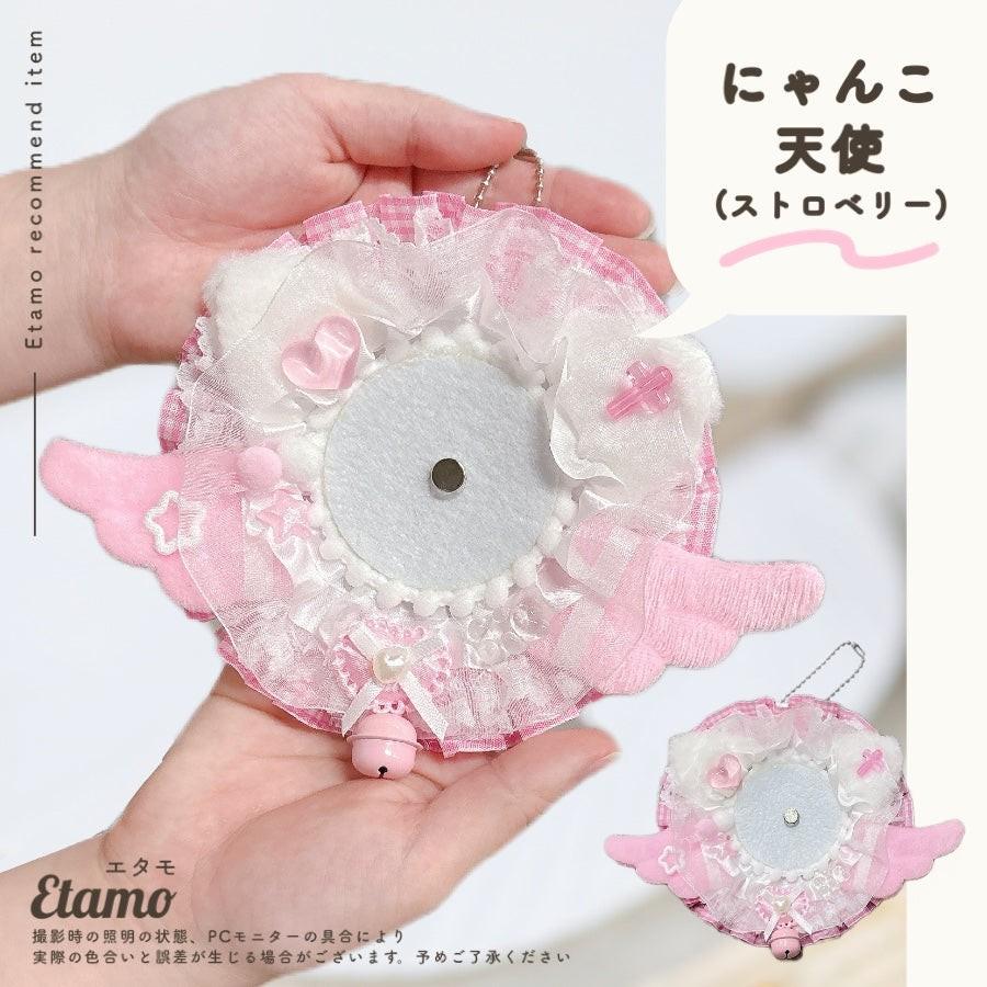 缶バッジが付けれる デコり済み ロゼット キーチェーン 猫耳 天使 缶