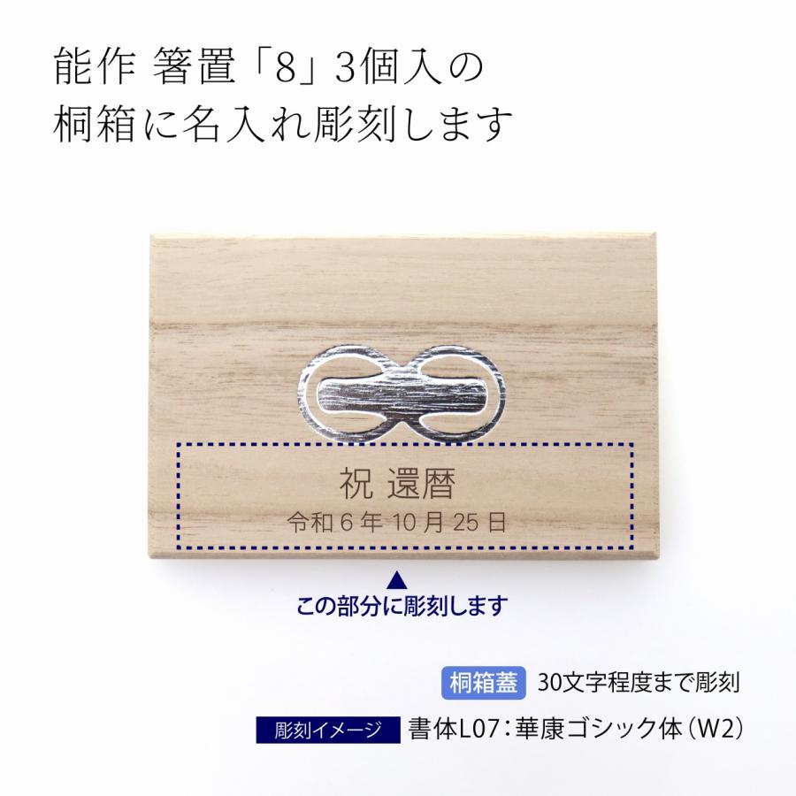 能作 箸置 「8」 3個入り 名前 名入れ 彫刻 刻印 名入れギフト プレゼント 誕生日 記念品 お祝い ノベルティ 母の日 長寿祝 桐箱入り カトラリーレスト 縁起物 |  | 01