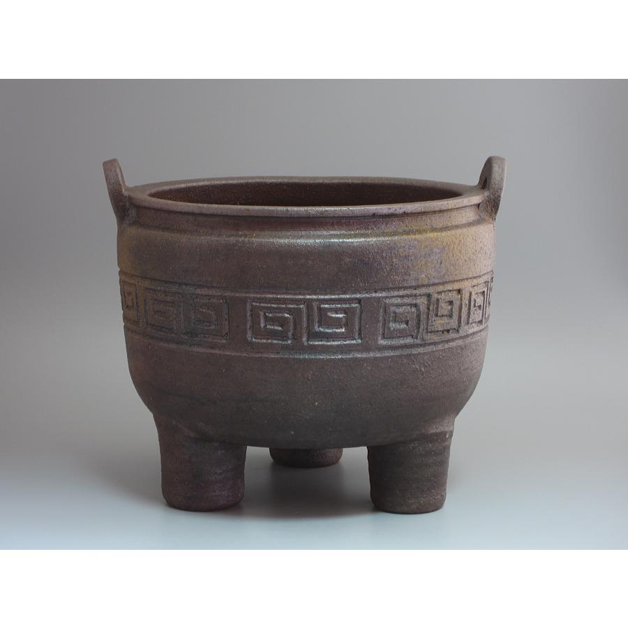 時代物 古銅製 瓶掛火鉢 大香炉三足 古木台座 大型 B634 備前焼 三ッ足香炉形瓶掛／火鉢／手焙 難波好陽造 共箱 : 茶道具商 越