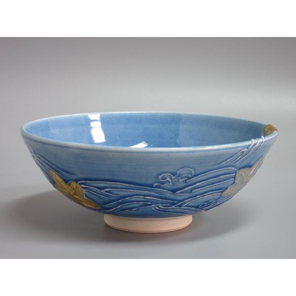 Ｒ９７５　水指　『御室窯造』『流水草花文』『青交趾』『平水指』　共箱　茶道具 R975 水指 『御室窯造』『流水草花文』『青交趾』『平水指