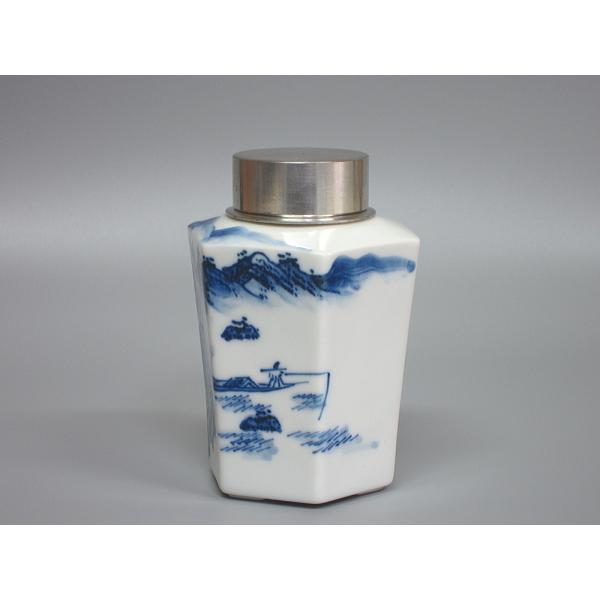 茶道具　湖東焼　染付　山水文　茶入　茶壺　時代箱　V　7661 染付 六角茶心壺 山水図錫口 井上春峰造 : 茶道具商 越中屋