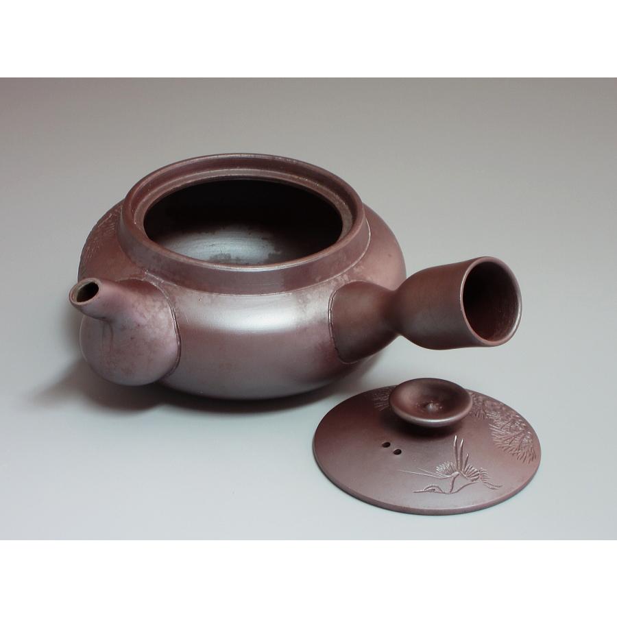 萬古焼 松鶴紋漢詩彫 横手急須 清泉堂 酔月造（四日市無形文化財