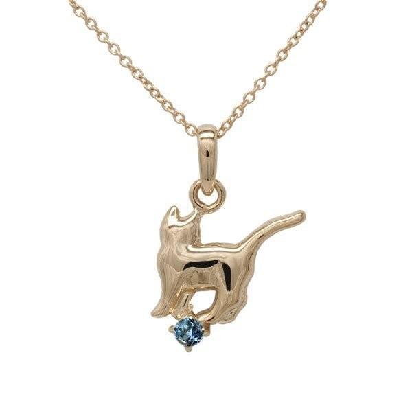 ネックレス 18金 アクアマリン 一粒 ネコ ペンダント 誕生石 猫 キャット ネックレス 誕生日 プレゼント ピンクゴールド 父の日