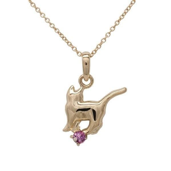 ネックレス レディース 9月誕生石 ピンクサファイア 一粒 ネコ ペンダント 猫 キャット 18金 ネックレス 誕生日 プレゼント ピンクゴールド 父の日