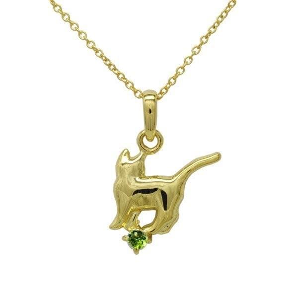 ネックレス レディース 8月誕生石 ペリドット 一粒 ネコ ペンダント 猫 キャット 18金 イエローゴールド 誕生日 プレゼント ギフト 父の日